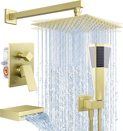 KES Brushed Gold Shower System with Tub Spout, Pressure Balanced Bath Tub Shower Faucet Set Complete with Valve, Shower System with Rain Shower Head with Handheld, XB6305F18-BZ by KES