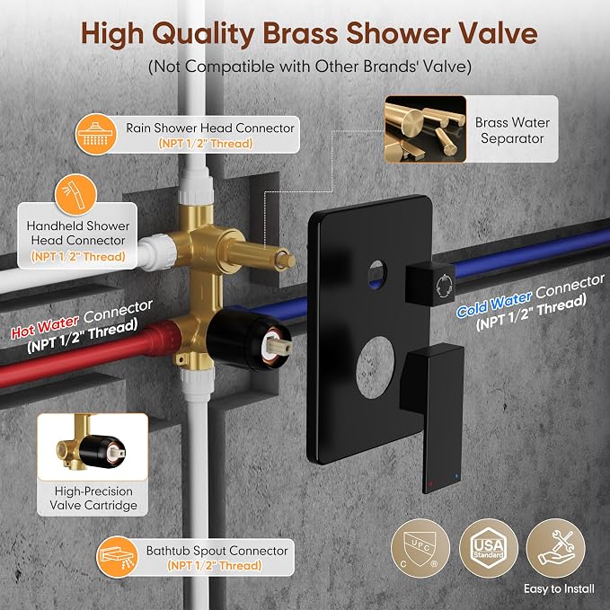 Kurpot Shower System with Tub Spout, All Metal Matte Black Shower Faucet Set with Valve, 10'' Rain Shower Head with Handheld Spray, 59'' Shower Hose and Diverter, Wall Mounted Bath Tub Faucet Set - Image 8