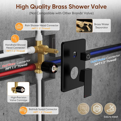 Kurpot Shower System with Tub Spout, All Metal Matte Black Shower Faucet Set with Valve, 10'' Rain Shower Head with Handheld Spray, 59'' Shower Hose and Diverter, Wall Mounted Bath Tub Faucet Set - Image 8