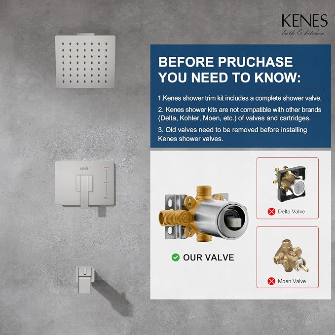 KENES Tub Shower Faucet Set Complete, Brushed Nickel Tub and Shower Trim Kit with 6-Inch Rain Shower Head, Square Shower System, KE-6025A (Shower Valve Included) - Image 3