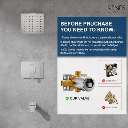 KENES Tub Shower Faucet Set Complete, Brushed Nickel Tub and Shower Trim Kit with 6-Inch Rain Shower Head, Square Shower System, KE-6025A (Shower Valve Included) - Image 3