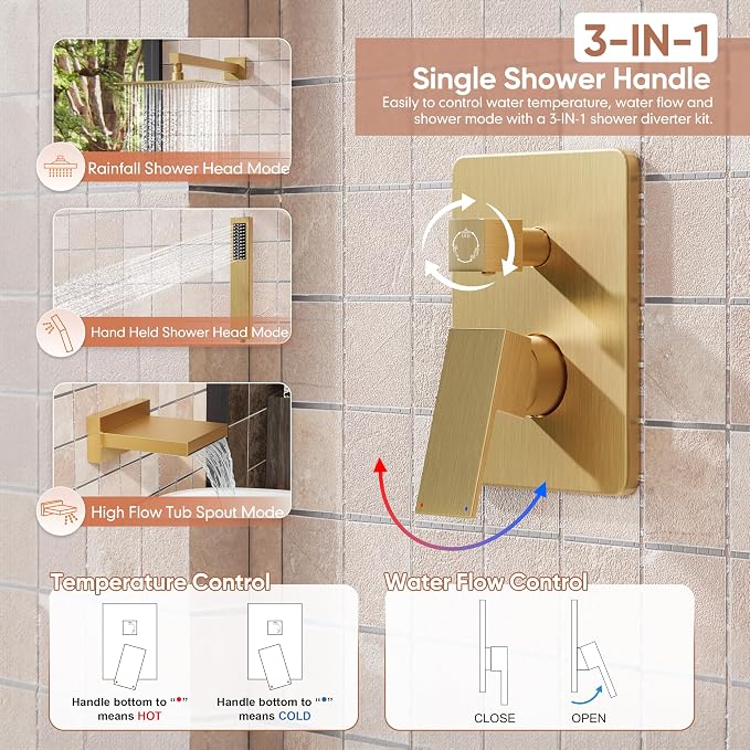 Kurpot Brushed Gold Shower System, All Metal Gold Shower Faucet Set with Tub Spout, 10'' Gold Shower Head with Handheld, 59'' Shower Hose, Shower Valve and Diverter, Wall Mounted Bath Tub Faucet Set - Image 7