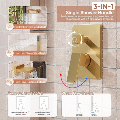 Kurpot Brushed Gold Shower System, All Metal Gold Shower Faucet Set with Tub Spout, 10'' Gold Shower Head with Handheld, 59'' Shower Hose, Shower Valve and Diverter, Wall Mounted Bath Tub Faucet Set - Image 7