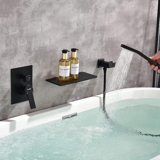 SHAMANDA Waterfall Bathtub Faucet with Sprayer, Wall Mount Tub Filler with Hand Shower, Single Handle Tub Faucet with Handheld Shower Head(Rough-In Valve Body and Trim Included), Matte Black, L902-7 - Image 2