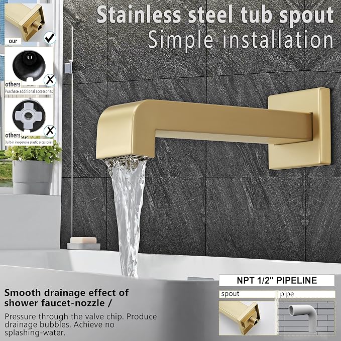 SOOOHOT Brushed Gold Shower Fixtues, Tub and Shower Faucet Set Combo with 6 Inch Gold Shower Head and Tub Spout, Gold Shower Head and Handle Set (Valve Included) - Image 6