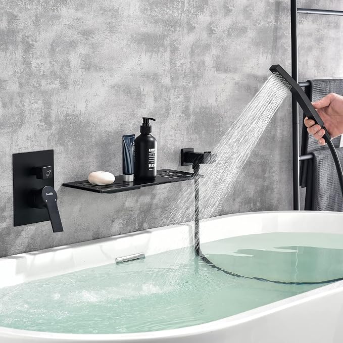 SHAMANDA Wall Mount Bathtub Faucet with Sprayer, Waterfall Tub Filler with Handheld Showerhead, Single Handle Tub and Shower Faucet Combo Set with Rough-In Valve Body and Trim, Matte Black, L903-7 - Image 2