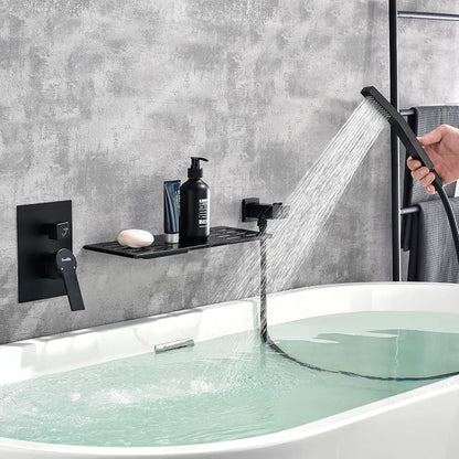 SHAMANDA Wall Mount Bathtub Faucet with Sprayer, Waterfall Tub Filler with Handheld Showerhead, Single Handle Tub and Shower Faucet Combo Set with Rough-In Valve Body and Trim, Matte Black, L903-7 - Image 2