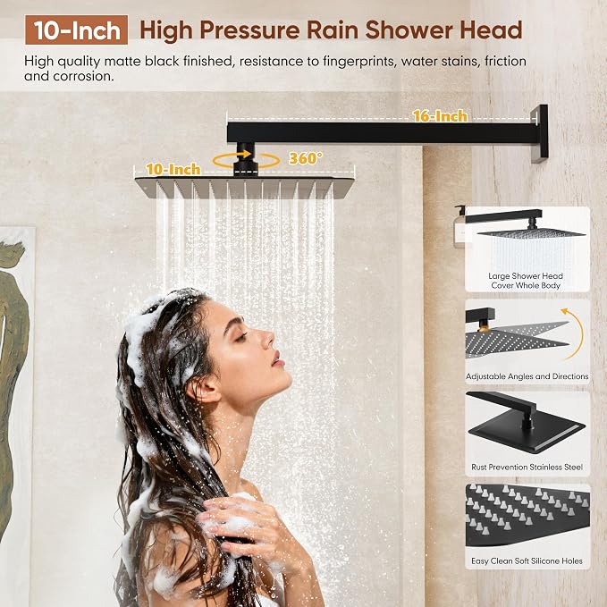 Kurpot Shower System with Tub Spout, All Metal Matte Black Shower Faucet Set with Valve, 10'' Rain Shower Head with Handheld Spray, 59'' Shower Hose and Diverter, Wall Mounted Bath Tub Faucet Set - Image 4