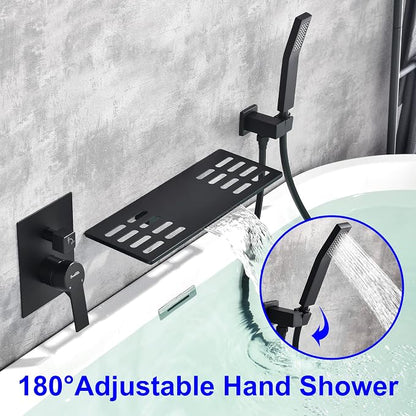 SHAMANDA Wall Mount Bathtub Faucet with Sprayer, Waterfall Tub Filler with Handheld Showerhead, Single Handle Tub and Shower Faucet Combo Set with Rough-In Valve Body and Trim, Matte Black, L903-7 - Image 4