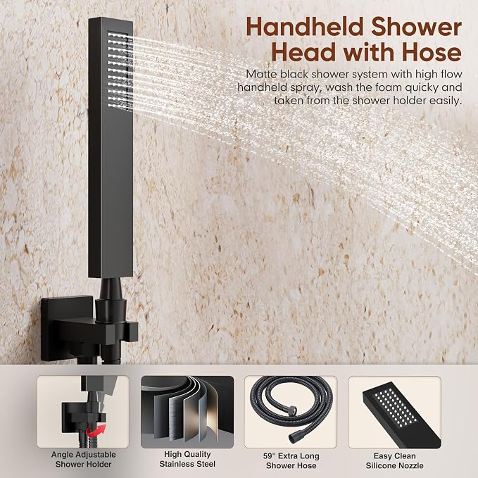 Kurpot Shower System with Tub Spout, All Metal Matte Black Shower Faucet Set with Valve, 10'' Rain Shower Head with Handheld Spray, 59'' Shower Hose and Diverter, Wall Mounted Bath Tub Faucet Set - Image 5
