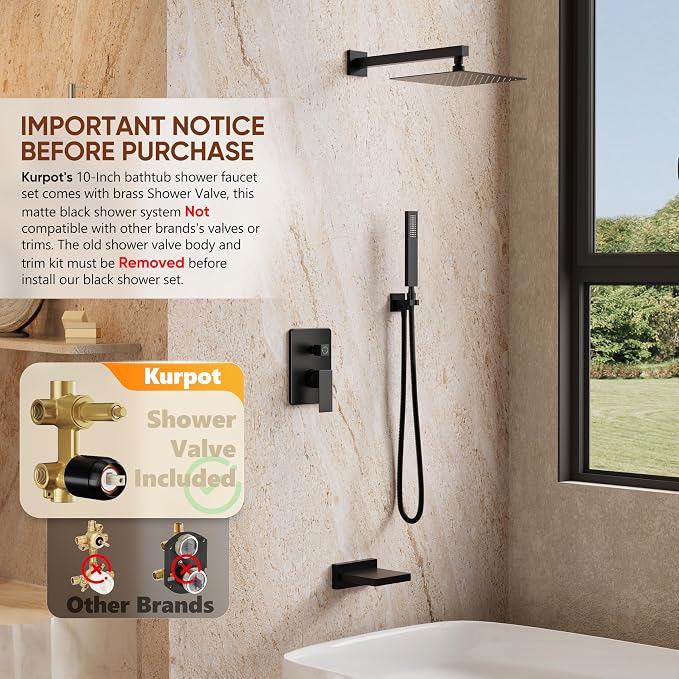 Kurpot Shower System with Tub Spout, All Metal Matte Black Shower Faucet Set with Valve, 10'' Rain Shower Head with Handheld Spray, 59'' Shower Hose and Diverter, Wall Mounted Bath Tub Faucet Set - Image 3