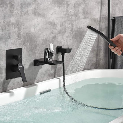 SHAMANDA Waterfall Wall Mounted Bathtub Faucet with Hand Shower, Bathroom Single Handle Tub Faucet Modern Brass Tub Shower Faucet Set(Including Rough-In Valve Body and Trim), Matte Black, L901-7 - Image 6