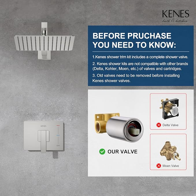 KENES Brushed Nickel 10-Inch Shower Head and Handle Set, Square Shower Faucet Set Bathroom Rainfall Shower System Wall Mount, KE-6024B (Shower Valve Included) - Image 3