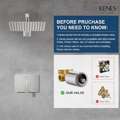 KENES Brushed Nickel 10-Inch Shower Head and Handle Set, Square Shower Faucet Set Bathroom Rainfall Shower System Wall Mount, KE-6024B (Shower Valve Included) - Image 3