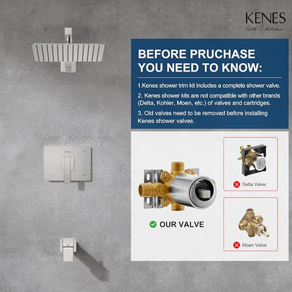 KENES Brushed Nickel Tub Shower Faucet Set Complete, Tub and Shower Trim Kit with 10-Inch Rain Shower Head, Square Shower System, KE-6024A (Shower Valve Included) - Image 3