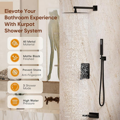 Kurpot Shower System with Tub Spout, All Metal Matte Black Shower Faucet Set with Valve, 10'' Rain Shower Head with Handheld Spray, 59'' Shower Hose and Diverter, Wall Mounted Bath Tub Faucet Set - Image 9