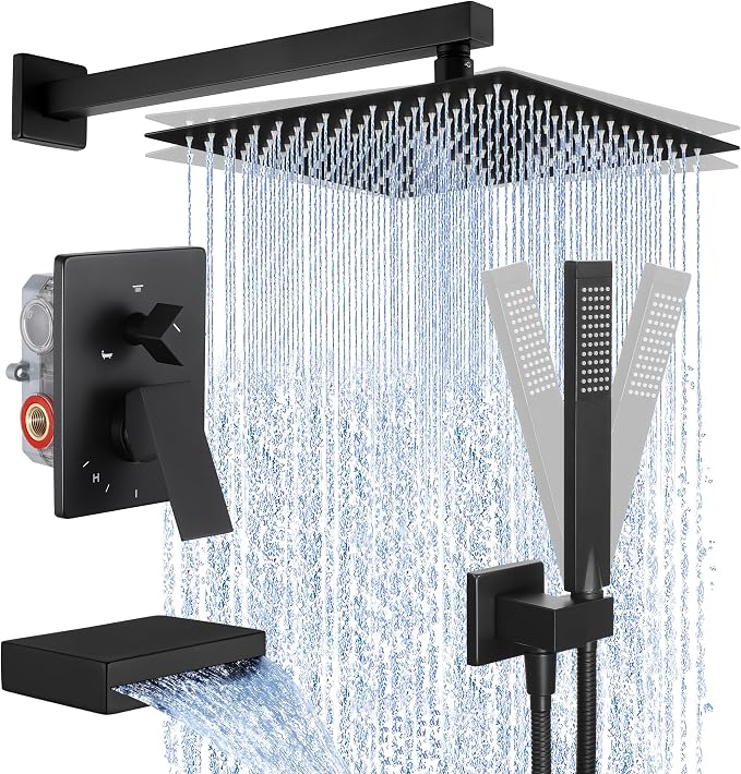 KES Black Shower Faucet Set Complete, 12 Inch Rainfall Shower Head with Handheld Spray, Waterfall Tub Spout Bathtub Faucet, Shower System, Regaderas Modernas Para Ducha, XB6305F18S12-BK by KES