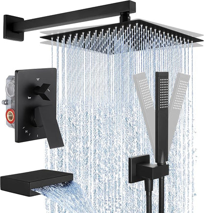 KES Black Shower Faucet Set Complete, 12 Inch Rainfall Shower Head with Handheld Spray, Waterfall Tub Spout Bathtub Faucet, Shower System, Regaderas Modernas Para Ducha, XB6305F18S12-BK by KES