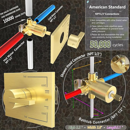 SOOOHOT Brushed Gold Shower Fixtues, Tub and Shower Faucet Set Combo with 6 Inch Gold Shower Head and Tub Spout, Gold Shower Head and Handle Set (Valve Included) - Image 5