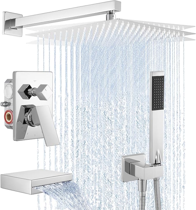 KES Shower Faucet Set, Rain Shower System, Bathtub Faucet, Tub and Shower Faucet Combo, 12 Inch Rain Shower Head System with Handheld and Waterfall Tub Spout, Polished Chrome, XB6305F18S12-CH by KES