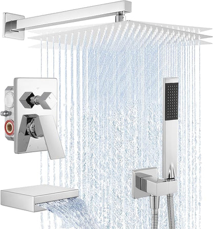 KES Shower Faucet Set, Rain Shower System, Bathtub Faucet, Tub and Shower Faucet Combo, 12 Inch Rain Shower Head System with Handheld and Waterfall Tub Spout, Polished Chrome, XB6305F18S12-CH by KES